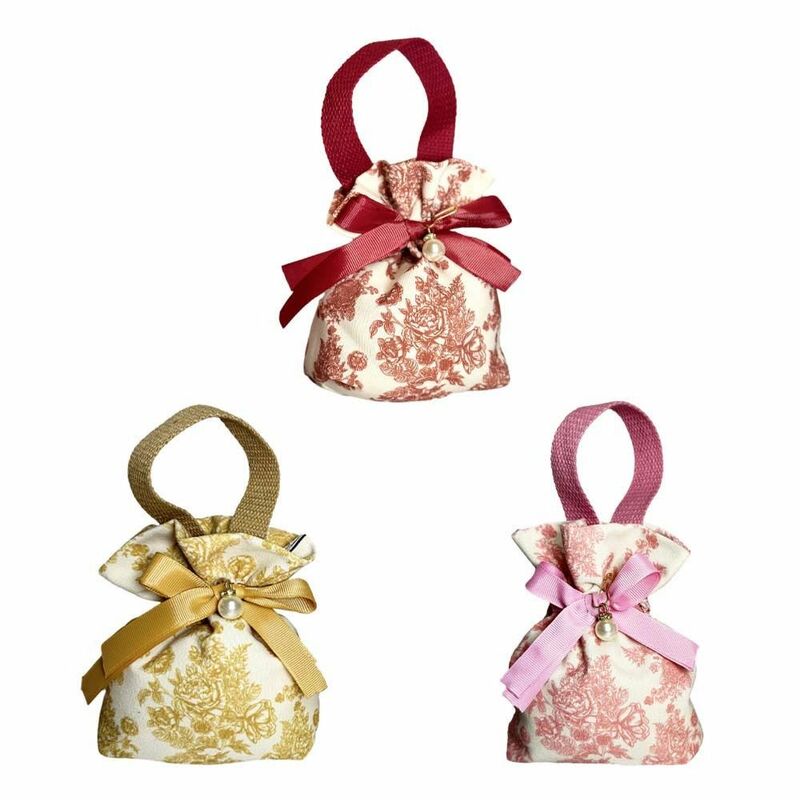 Холщовая Цветочная сумка на шнурке с жемчужным кулоном, вместительный кошелек в Корейском стиле с запястьем с цветком пиона, кошелек с атласным бантом для мелочи