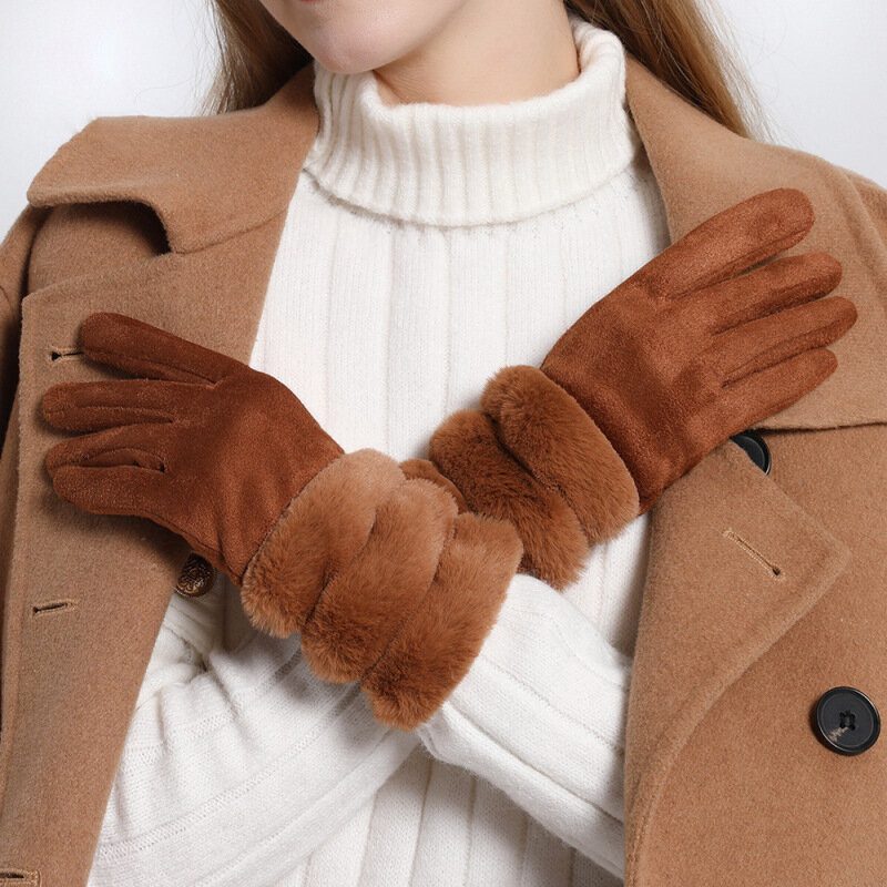 Muñeca de felpa suave para mujer, guantes de lana gruesa de gamuza para mantener el calor, pantalla táctil, conducción de ciclismo, invierno, nueva moda elegante