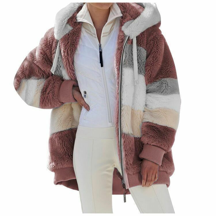 여성 포켓 후드 루즈핏 코트, 따뜻한 플러시 지퍼, 가을 겨울