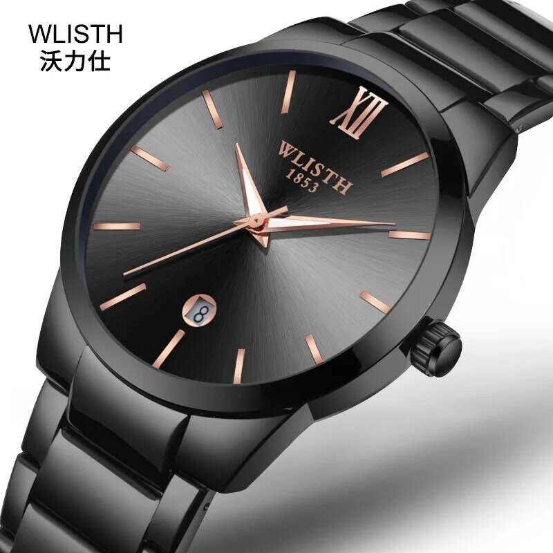 Wlisth-Relógio de quartzo comercial impermeável de aço completo masculino, relógio de pulso ultra fino masculino, marca superior, moda, 2023