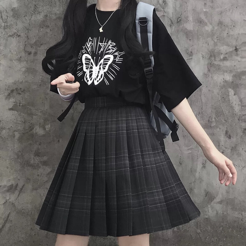 Rok lipit kotak-kotak hitam Preppy baru rok Mini wanita model Jepang seragam sekolah anak perempuan pinggang tinggi Kawaii rok Mini lucu JK