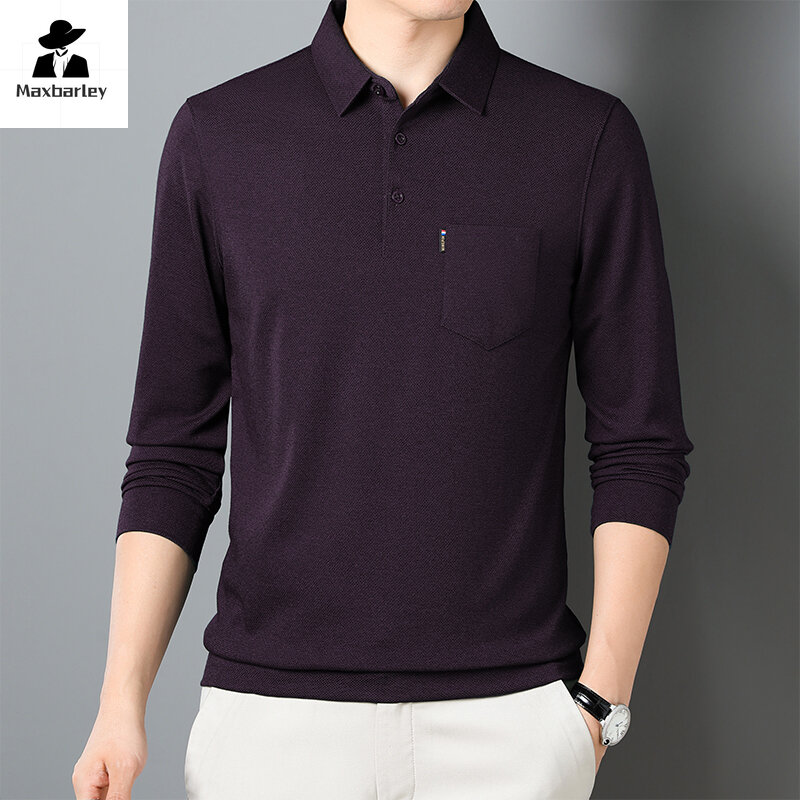 Luksusowa męska koszulka Polo klasyczna jednolity kolor prosta koszula luźna męska 2024 wiosenna klapa z długim rękawem męska marka odzieżowa