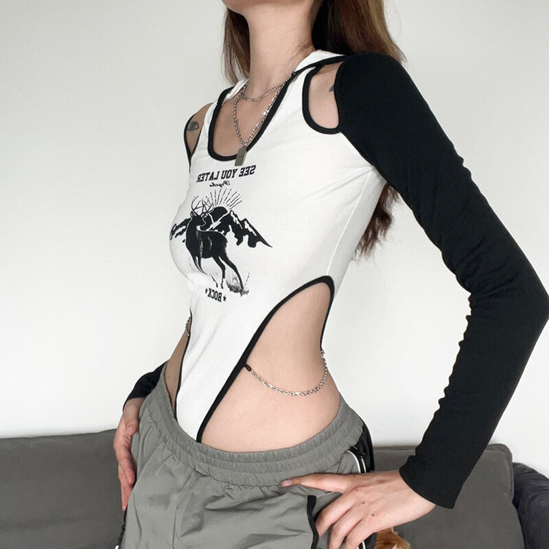 고스 테크웨어 Y2k 펑크 여성 섹시한 바디 슈트, 몰 고딕 카고 블랙 버클 패치 워크 Alt 옷 컷 아웃 프린트 스트리트웨어