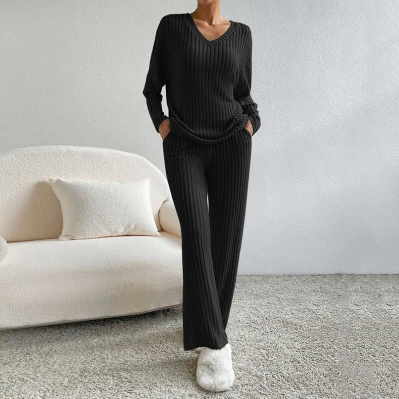 2 Pcs Sweater Pants Suit Thread V Neck Solid Color Knitted Loose Elastic Waist Casual Wide Leg Homewear Fall Winter Pajamas Set