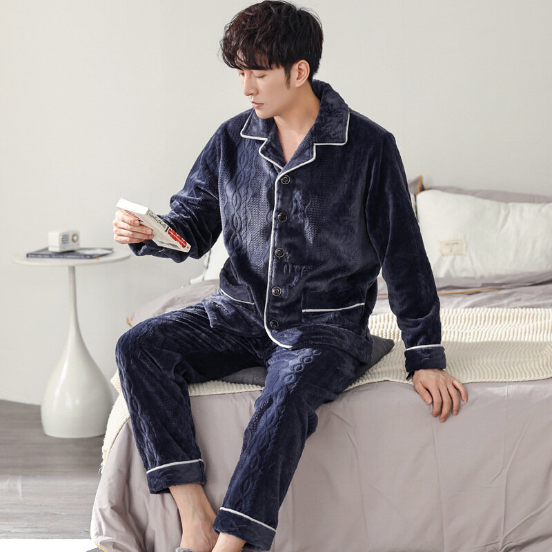Jacquard homens pijamas inverno quente casa roupas camisola coral velo grosso pijamas terno com calças lapela loungewear