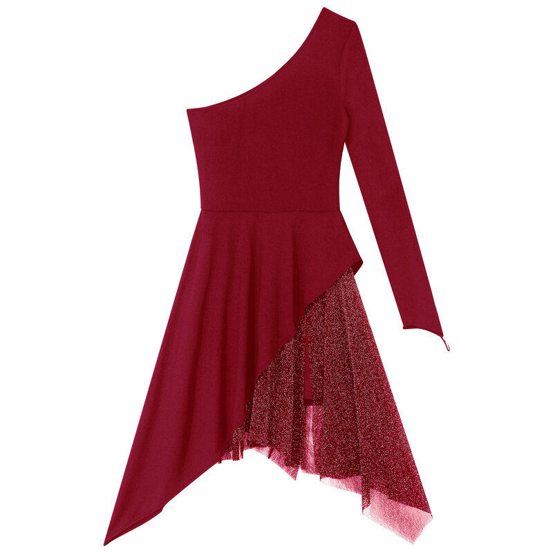 Tiaobug-女性のための長袖ドレス,非対称の裾,柔らかいパッチワークのダンスドレス,パフォーマンスのためのエレガント