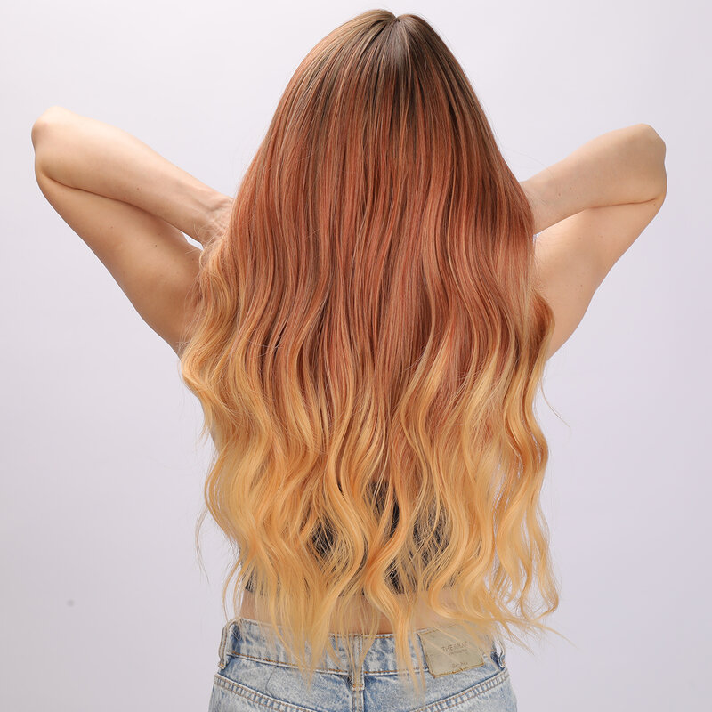 Orange Long Wavy Middle Part Synthetic Hair Wigs For Women Orange Yellow Body Wave Halloween Cosplay Natural Wig Heat Resistant