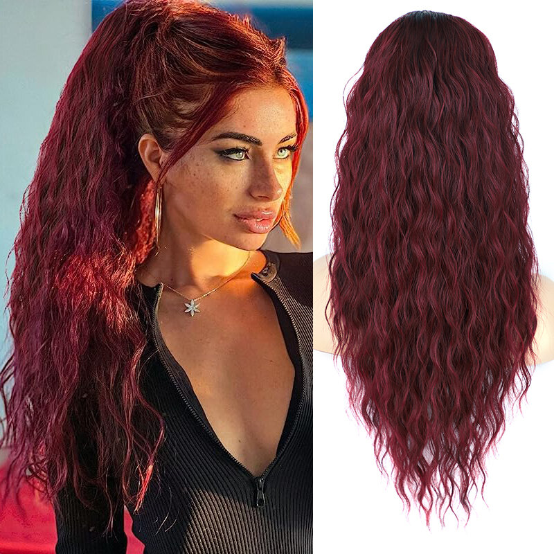 Long Curly Wavy Ponytail Hair Extension for Women Natural Synthetic Drawstring Ponytail Hairpieces Burgundy Blond Fake Pony Tail