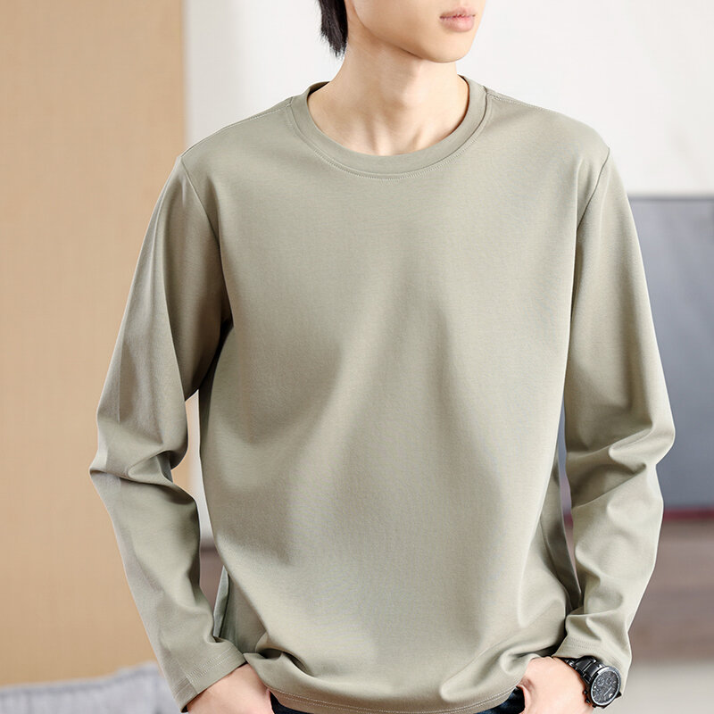 Pullover sweter katun panjang pria, atasan lembut ukuran besar katun musim semi musim gugur lengan panjang kasual versi Korea leher bulat