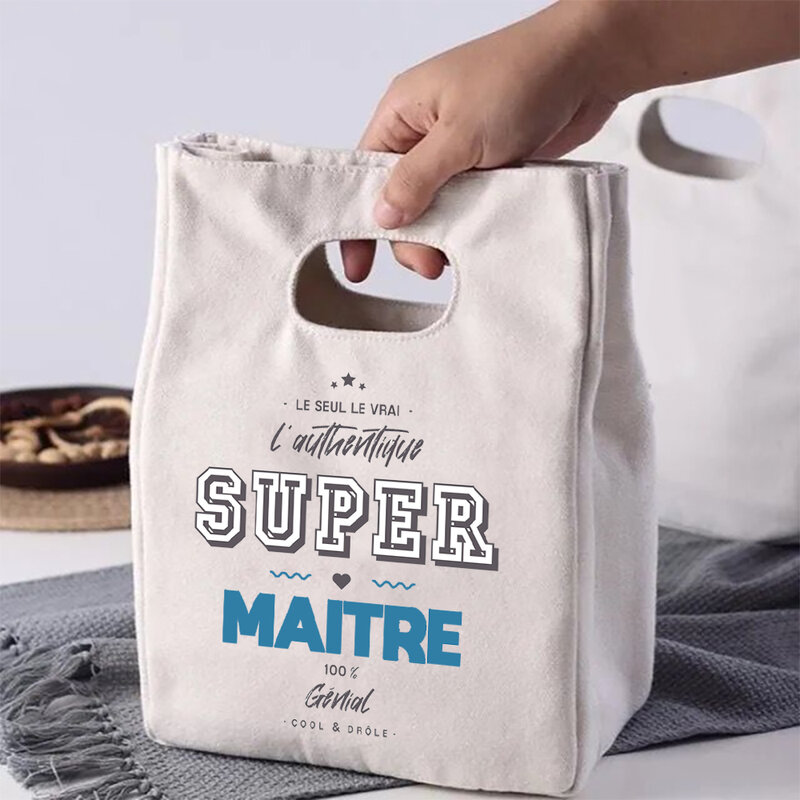 Bolsa de almuerzo con estampado de Super Maitre, bolsas térmicas aisladas, bolso enfriador de lona, bolsa de almacenamiento de alimentos, regalos de agradecimiento para profesores