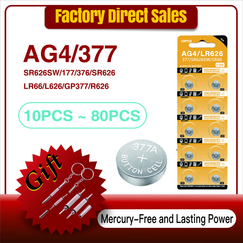 Bateria alcalina AG4 Cell Coin para brinquedos de relógio, Baterias de botão, 1.55V, 1.55V, SR626SW, SR626, 177 376 626A, LR66 LR626, 10-80Pcs