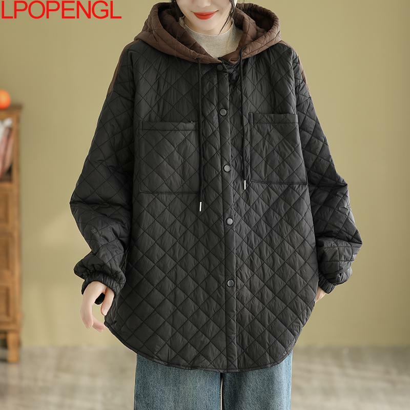 Autumn And Winter Hooded Mid-length Casual Streetwear Coat Korean Contrast 2023 New Woman Solid Color Long-sleeved Cotton Jacket