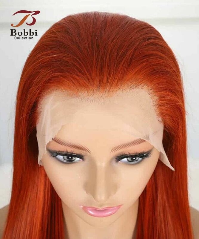 Peluca de cabello humano Remy con malla frontal, Color naranja #350, transparente, predesplumada, larga y recta, Colección Bobbi