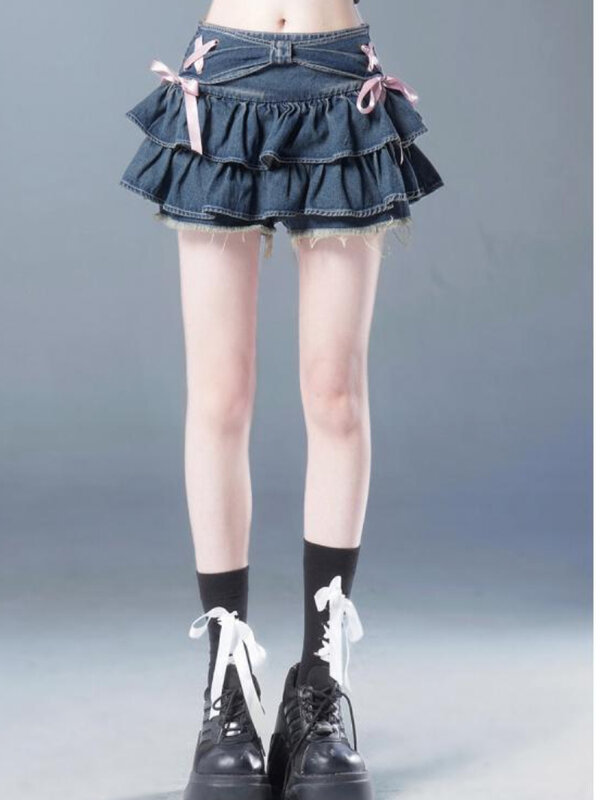 HOUZHOU Y2k spódnice dżinsowe damskie letnie Streetwear Kawaii Bow gorąca dziewczyna plisowana krótka spódniczka Coquette seksowna Vintage koreańska moda