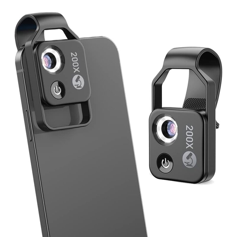 200X هاتف محمول مجهر ملحق مع عدسة CPL ، مجهر رقمي صغير محمول مع مصباح ليد/مشبك عالمي