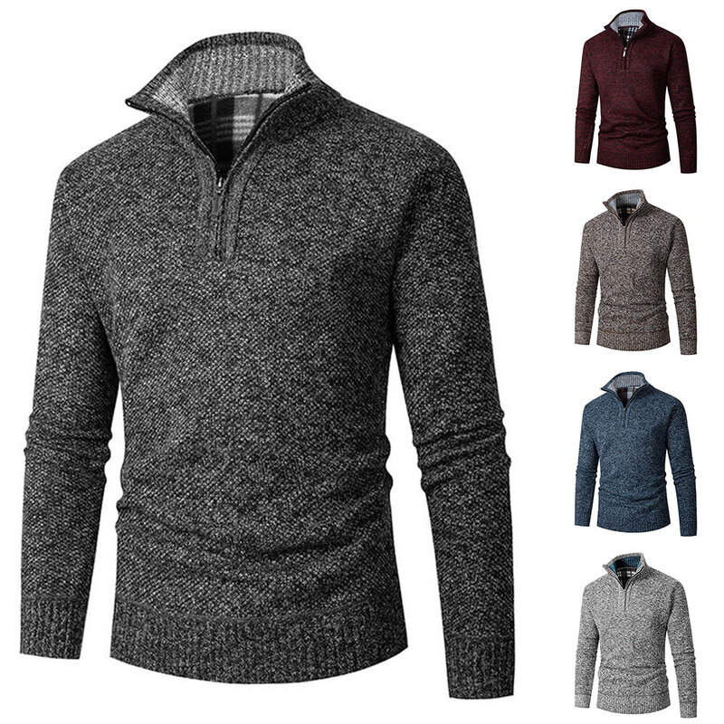 Swetry z dzianiny na co dzień dla mężczyzn sweter z 1/4 zamkiem błyskawicznym i dekoltem w jednolitym kolorze ciepłe zimowy swetr Pullover odzież męska