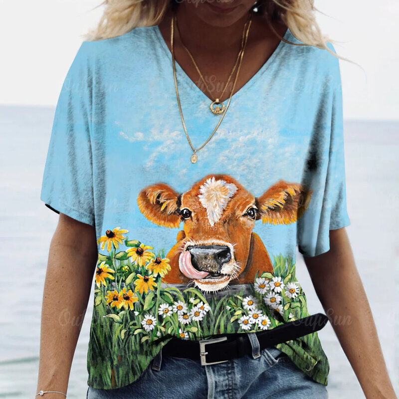 Kaus wanita lengan pendek leher-v kasual Fashion musim panas kaus wanita gambar cetak 3D sapi perah pakaian jalanan ukuran besar