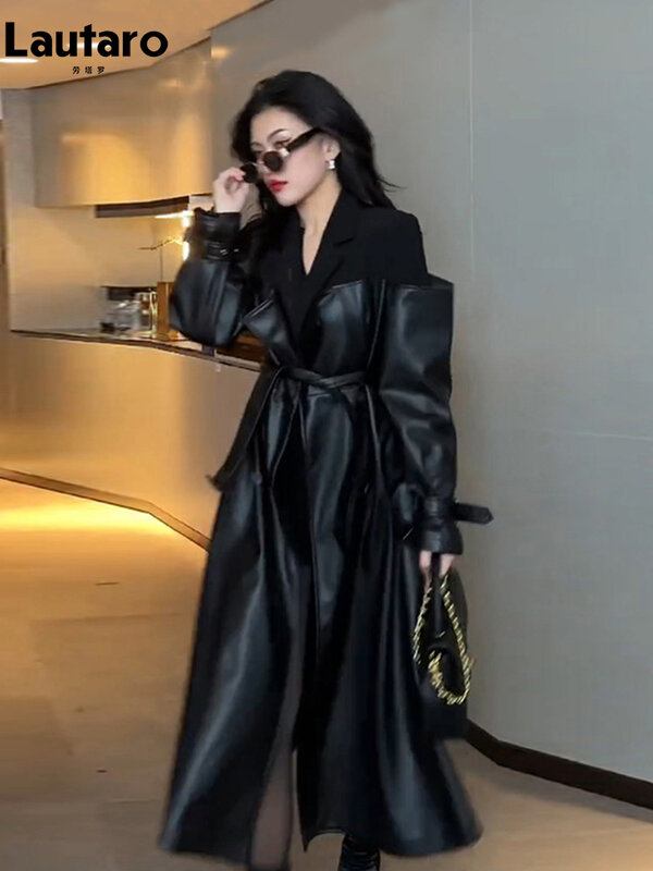 Lautaro-gabardina larga de cuero sintético para mujer, abrigo holgado de doble botonadura con retales negros, ropa de diseñador de lujo, Otoño, 2023