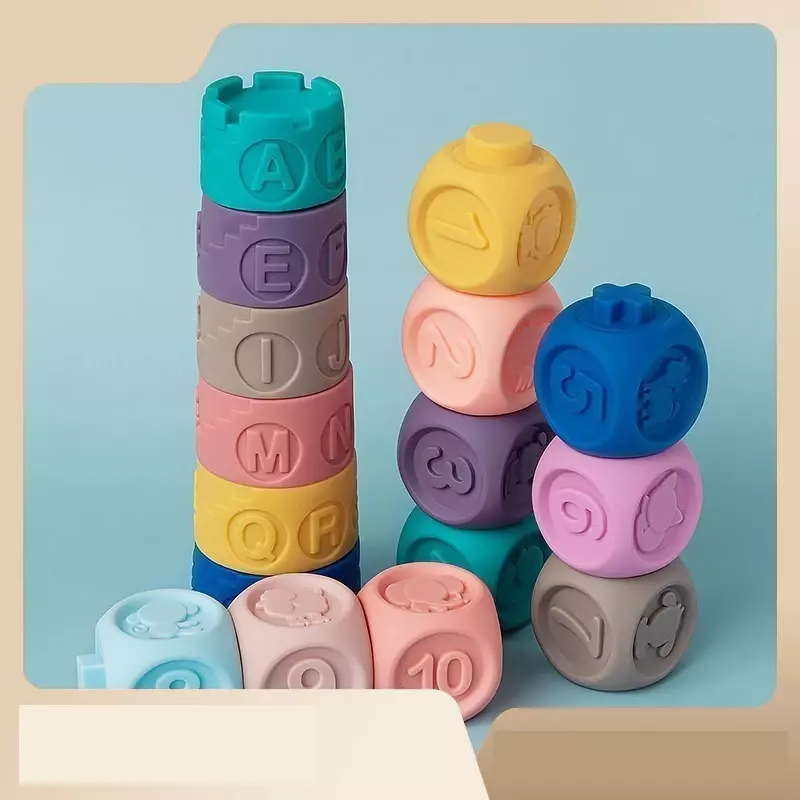 Brinquedos infantis de borracha macia, brinquedos empilhados bloco de música, puzzle educação precoce, brinquedos mastigáveis bloco de letras silicone