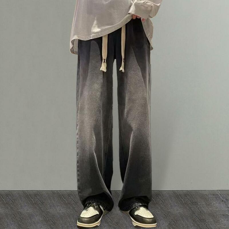 Jeansy z elastyczną talią inspirowana stylem Retro męska spodnie pełnej długości szeroka nogawka głęboka w kroczu elastyczna talia dla hiphopowy sweter regulowana