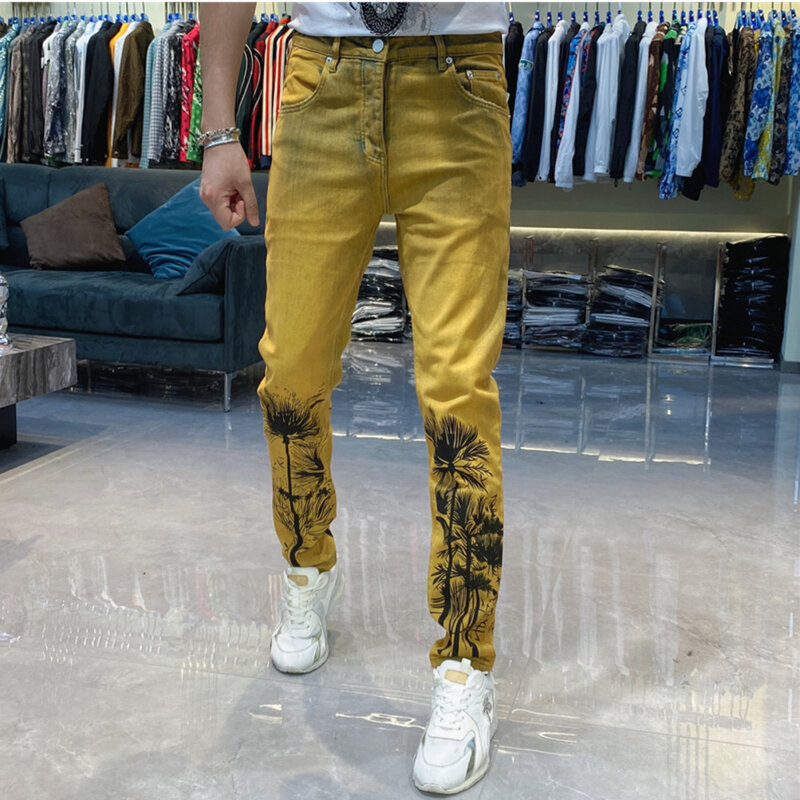 Мужские облегающие джинсовые брюки-карандаш, эластичные джинсы с принтом старого дерева, модные уличные брюки скинни, уличная одежда