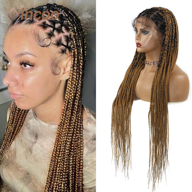 36" Full Lace Box Braided Wigs Criss Cross Knotless 360 Front Braids Wig Ombre Synthetic Braided Wigs for Black Women Lace Wig