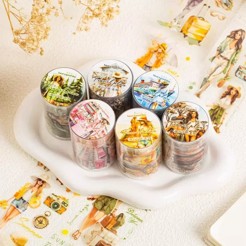 1Roll 2M Tape Travel Planning Types Material loop stickers Character Adhesives Package handbooks Diary Scrapbook 55mm*2M