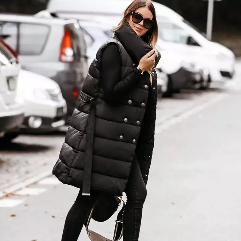 Winter Warm Down Cotton Padded Jacket Black Coats 2023 Women Vest Female Sleeveless Jackets with Button and Belt Outwear Coat