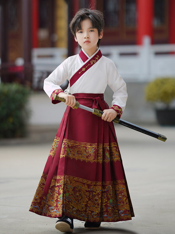 Conjunto de saia retro Hanfu Horse Face para crianças, traje oriental de menino, Cosplay Wear, Performance Wear, moderno, elegante, tradicional chinesa, moda