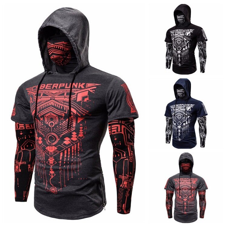 Mens Skull Mask Hoodies Sweatshirt Fake Two Pieces Men Punk Jogging Homme Pullover Elastic Sweatshirts For Men Japan Ninja Ninja