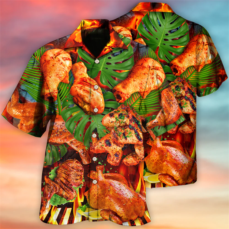 Summer Fashion Mens Hawaiian Shirts Short Sleeve Button Funny Chicken Printed Casual Beach Aloha Shirt Plus Size 6XL Hombre Ropa