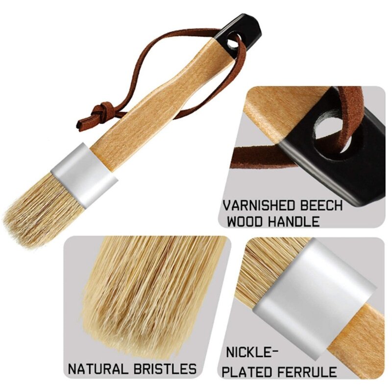 3 Pcs Round&Wide&Pointed Chalk Paint Wax Brush Wood Handle Natural Bristle Brushes DIY Painting Waxing Tool Easy to Use