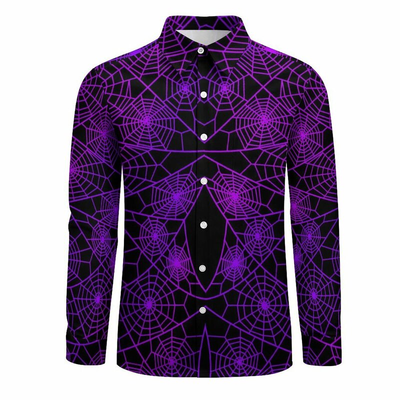 Camicia da uomo camicie Casual con stampa di Halloween manica lunga ragnatela viola camicetta comoda primavera Design retrò Top Oversize