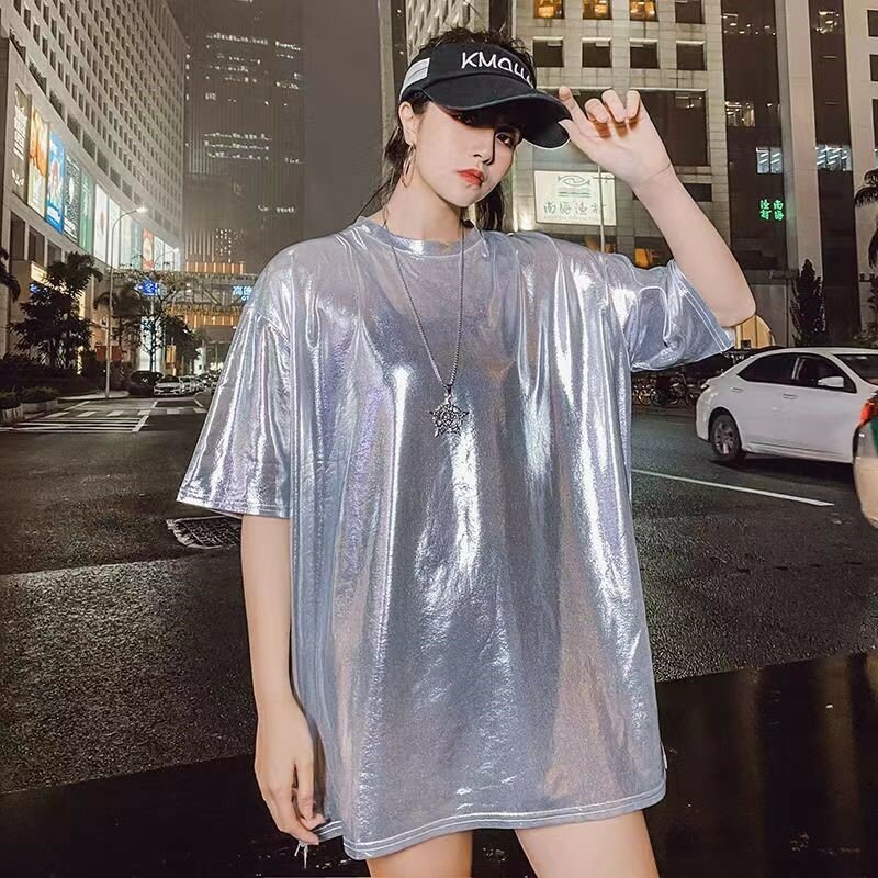 Glittering T-shirt Women Men Reflective Hip-hop Couple Summer New Silver Loose Female Short-sleeved Fashion Student Tops Tees