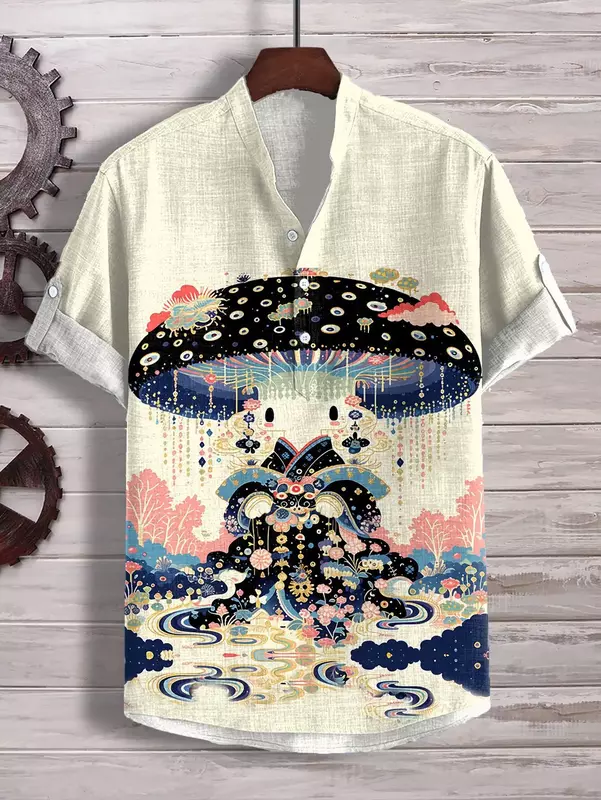 Рубашка с воротником-стойкой и коротким рукавом, модная повседневная Свободная блузка из бамбука и льна с принтом чернил и цветков вишни