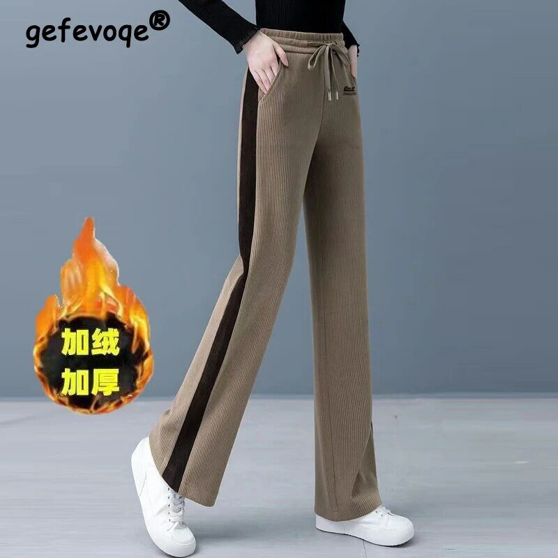 Женские флисовые брюки, повседневные свободные прямые брюки составного кроя с вышивкой букв, в Корейском стиле, Осень-зима