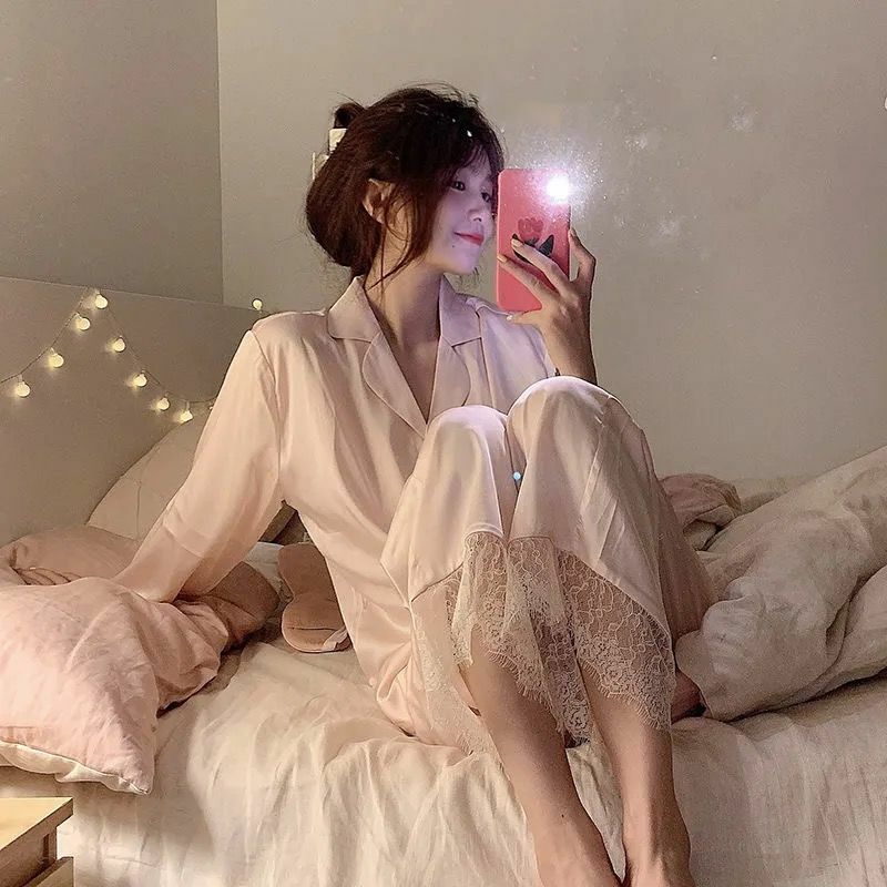 Spring Autumn Pajamas Female Lace Edge Long Sleeve Princess Can Wear Cardigan Outside Ice Silk Two-piece Set Loungewear Set