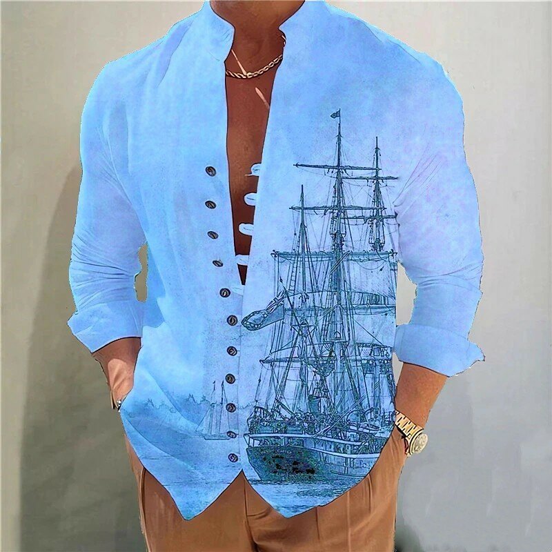Men's daily casual buckle vintage cardigan stand collar printed shirt Long sleeve classic design shirt Fashion slim shirt