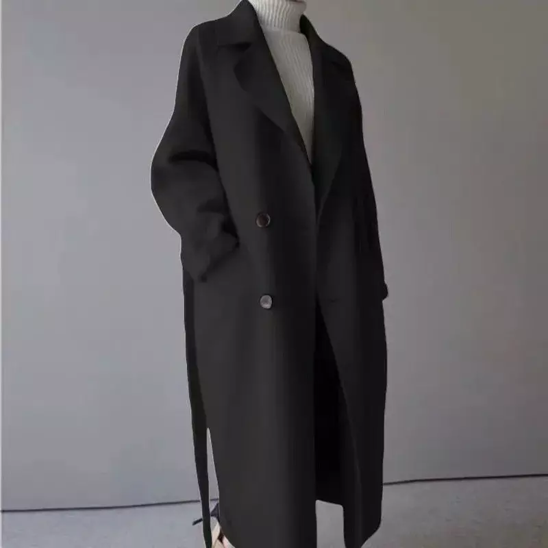 Женская Повседневная шерстяная куртка, бежевое длинное пальто с лацканами, элегантное винтажное Свободное пальто большого размера в Корейском стиле на осень и зиму