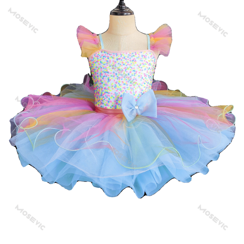 Ropa de salón para niños, vestido de tutú de Ballet con lentejuelas, Color arcoíris, ropa de rendimiento moderna, vestido de princesa de Ballet