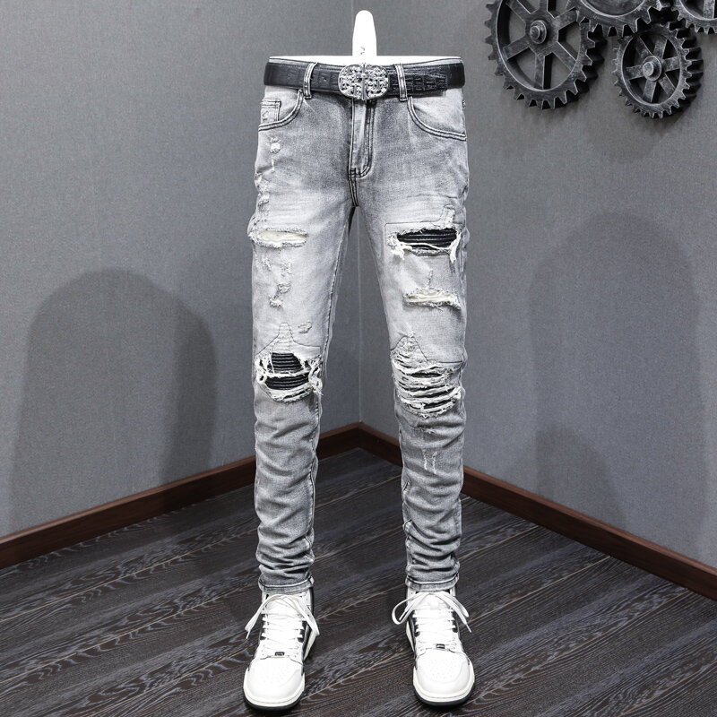 Уличные модные мужские джинсы в стиле ретро Черные Серые эластичные Стрейчевые Узкие рваные джинсы мужские кожаные заплатки дизайнерские Брендовые брюки в стиле хип-хоп