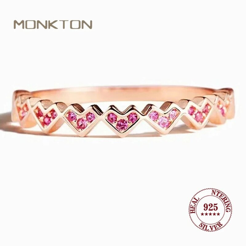 Monkton-Real 925 Sterling Silver Pink Zircon Anel Coração para Mulheres, Anel de Luxo Amor, Presente Dia Dos Namorados, Jóias de Noivado