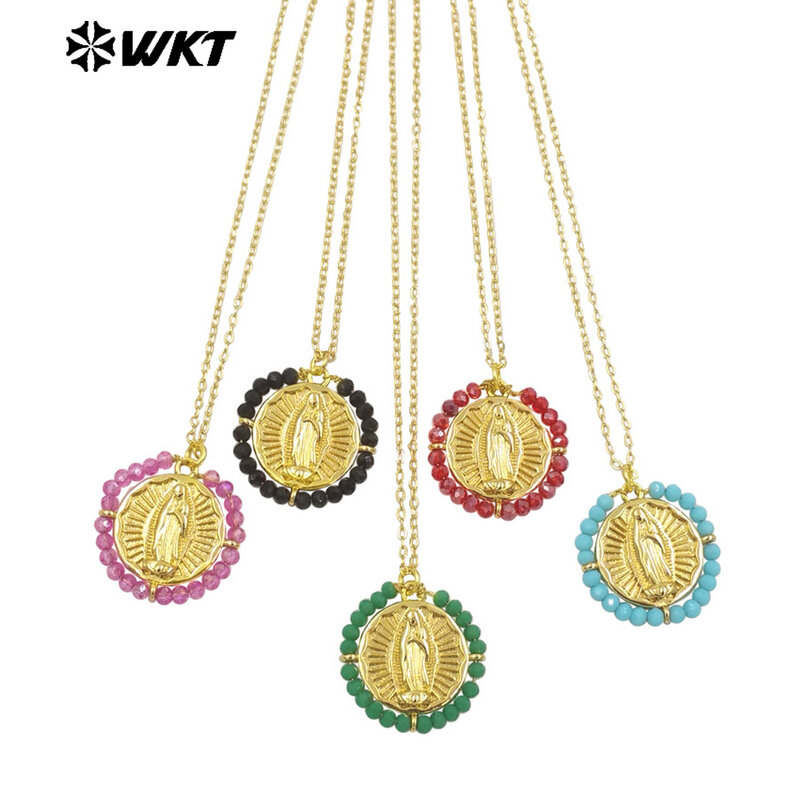 WT-MN986-collar de la Virgen de Guadalupe, nuevo diseño hecho a mano, cuentas envueltas en alambre, decoración redonda, grande, religioso