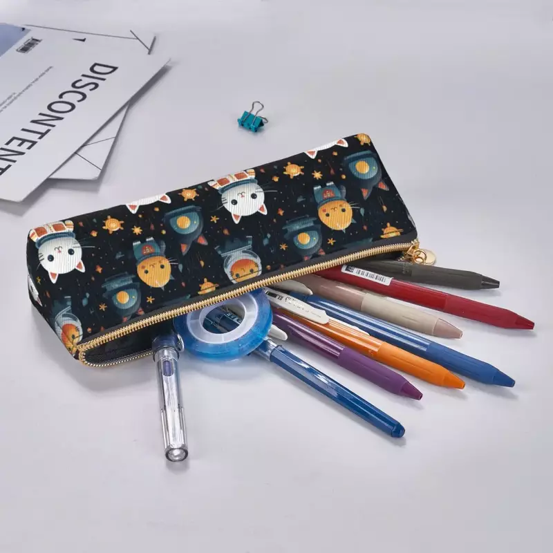 Cat Astronaut Leather Pencil Case sun cloud College For Child Zipper Pencil Box Vintage Large Capacity Triangle Pen Bag