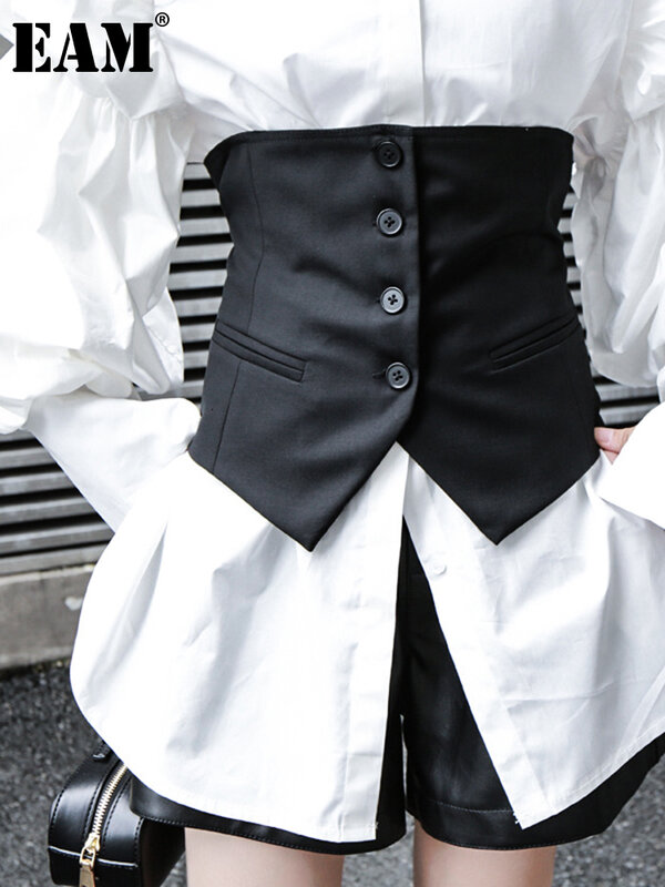 [EAM] 여성용 블랙 단추 스플릿 조인트 비대칭 루즈핏 조끼, 민소매 패션 타이드 용수철, 가을 2024, 1K371, 신상