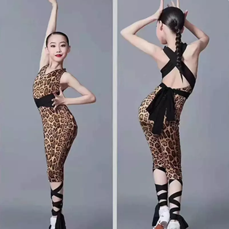 Kids Leopard Top Pants Suit Practice Clothes Chacha Samba Tango Latin Performance Wear Latin Dance Costumes