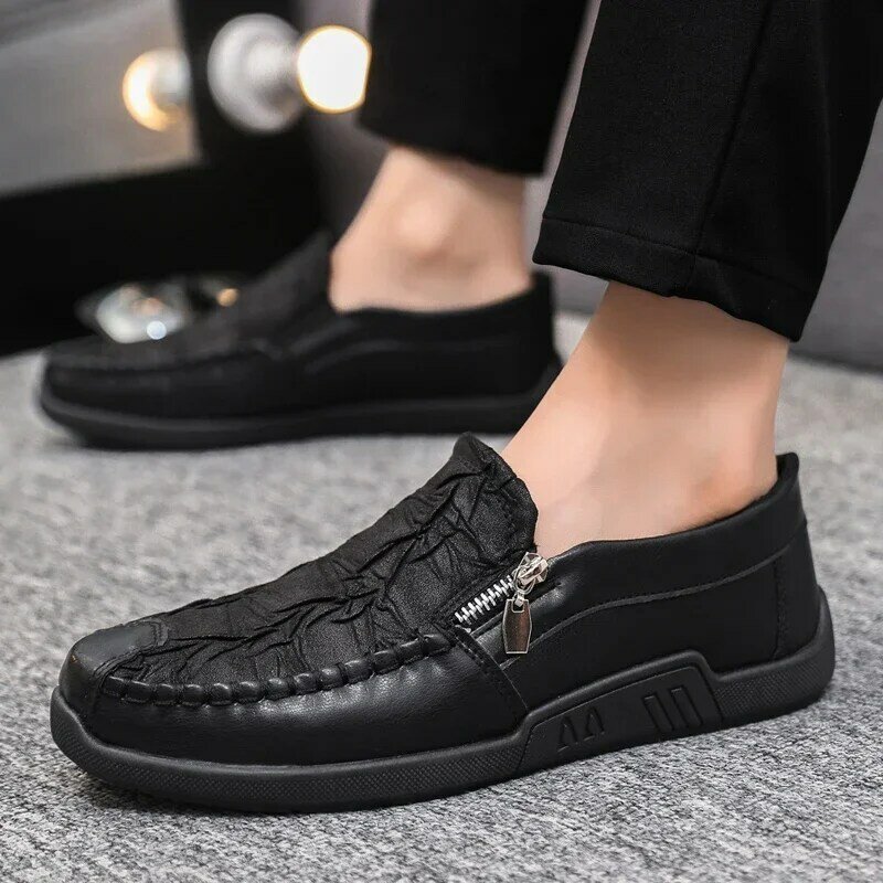 Autumn Men Casual Shoes Leather Loafers Male Zip Flats Driving Shoes Soft Massage Moccasins Footwear Slip-On Boat Shoes Zapatos