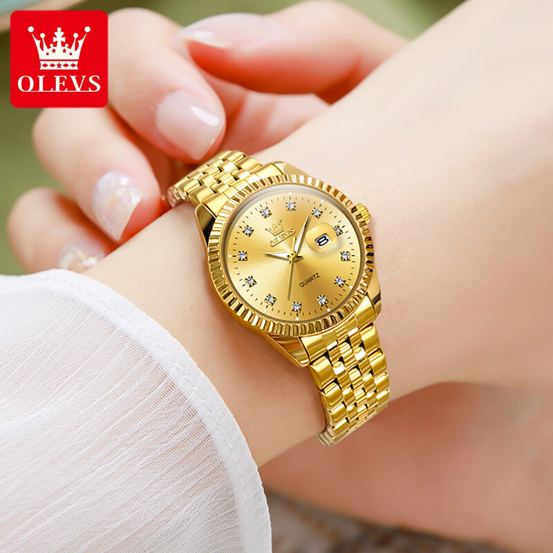 OLEVS-Relógio Feminino Impermeável, Relógio Feminino com Braceletes de Aço Criativo, Relógio de Ouro para Senhoras, Novo, 2022