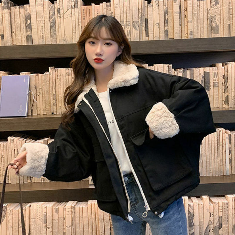 Jaket wol domba kasmir wanita, mantel katun roti tebal longgar versi Korea musim dingin 2023