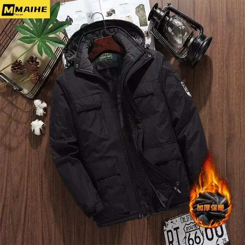 남성용 겨울 방수 파카, 따뜻한 두꺼운 울 안감, 야외 브랜드 방풍 멀티 포켓 후드 재킷 코트, 플러스 사이즈 L-9xl